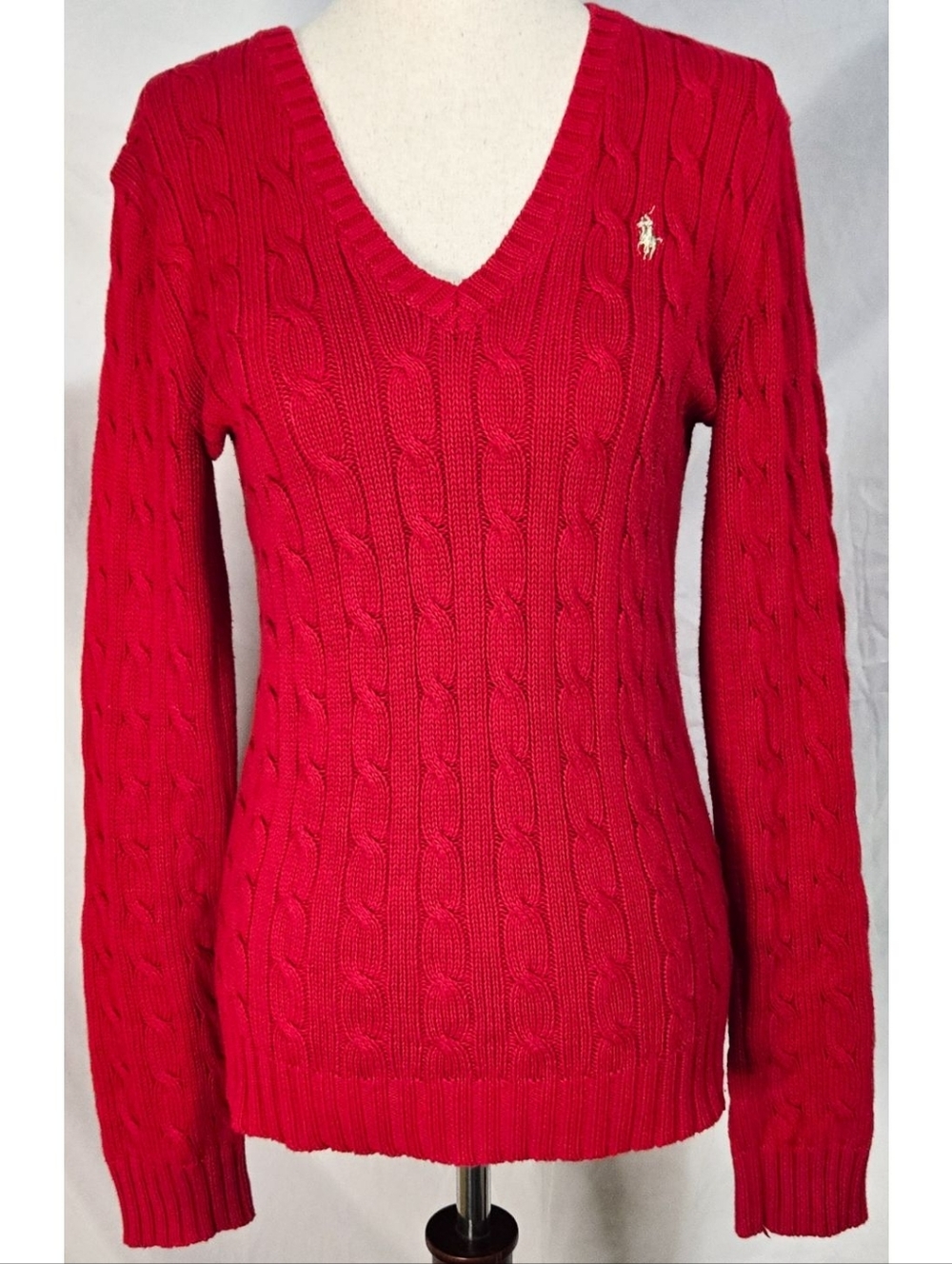 Ralph Lauren Cableknit Sweater Red Gold Polo Logo V Neck Classic Quiet Luxury